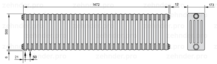 Схема (чертеж) Радиатор Zehnder Charleston 5050/32 №3370 Белый глянцевый RAL 9016